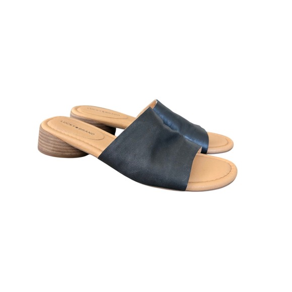 Lucky Brand Shoes - Lucky Brand Womens Black Leather Slide Sandals Block Heel Mules Size 8.5M